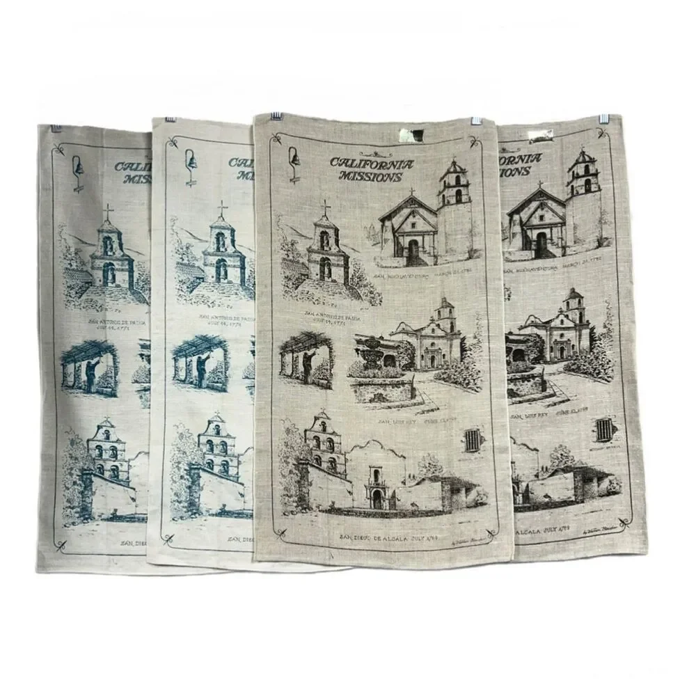 Vintage Kay Dee HandPrints California Missions 100% Pure Linen Tea Towels